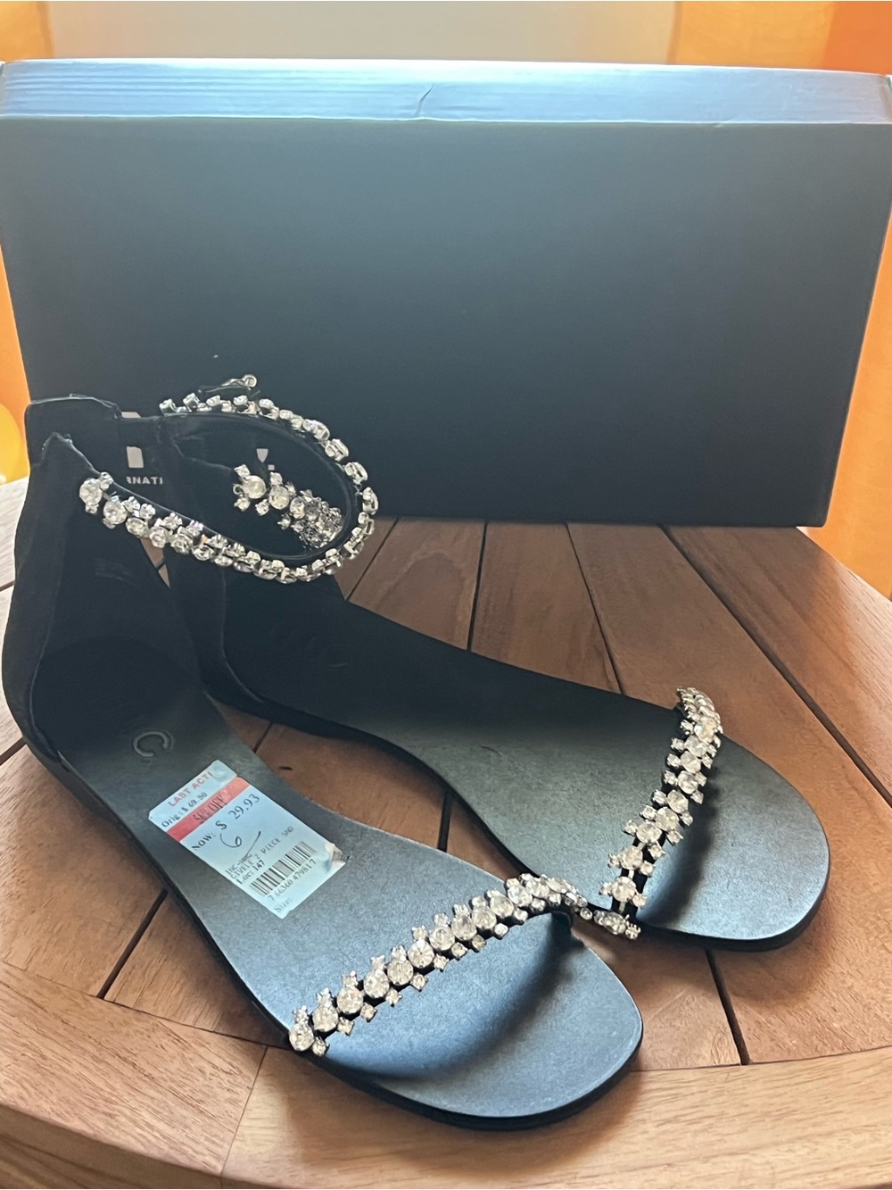 I.N.C. Women's Black Crystal Ankle-Strap Flat Sandals shoes